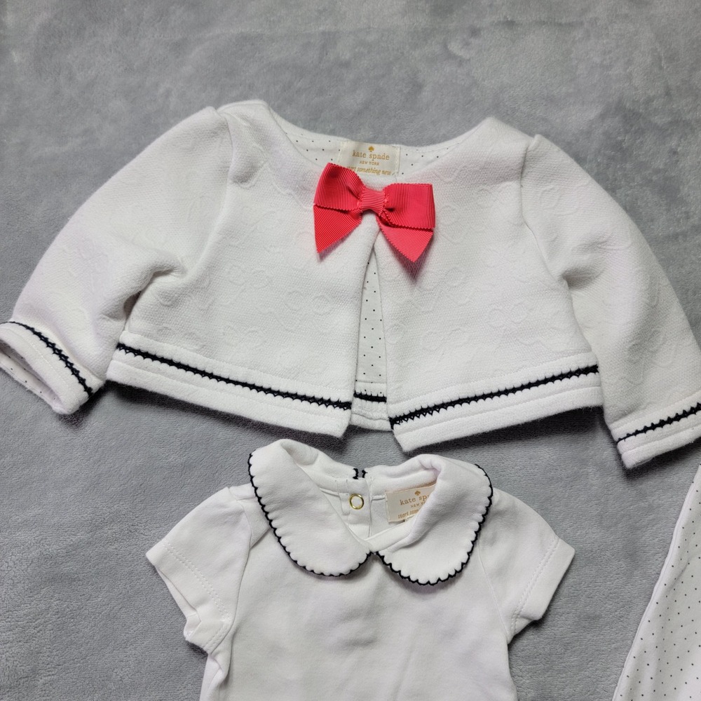 Kate Spade New York Baby Girls 3 Piece Set White Polka Dot 3M Cardigan Romper - Picture 6 of 8